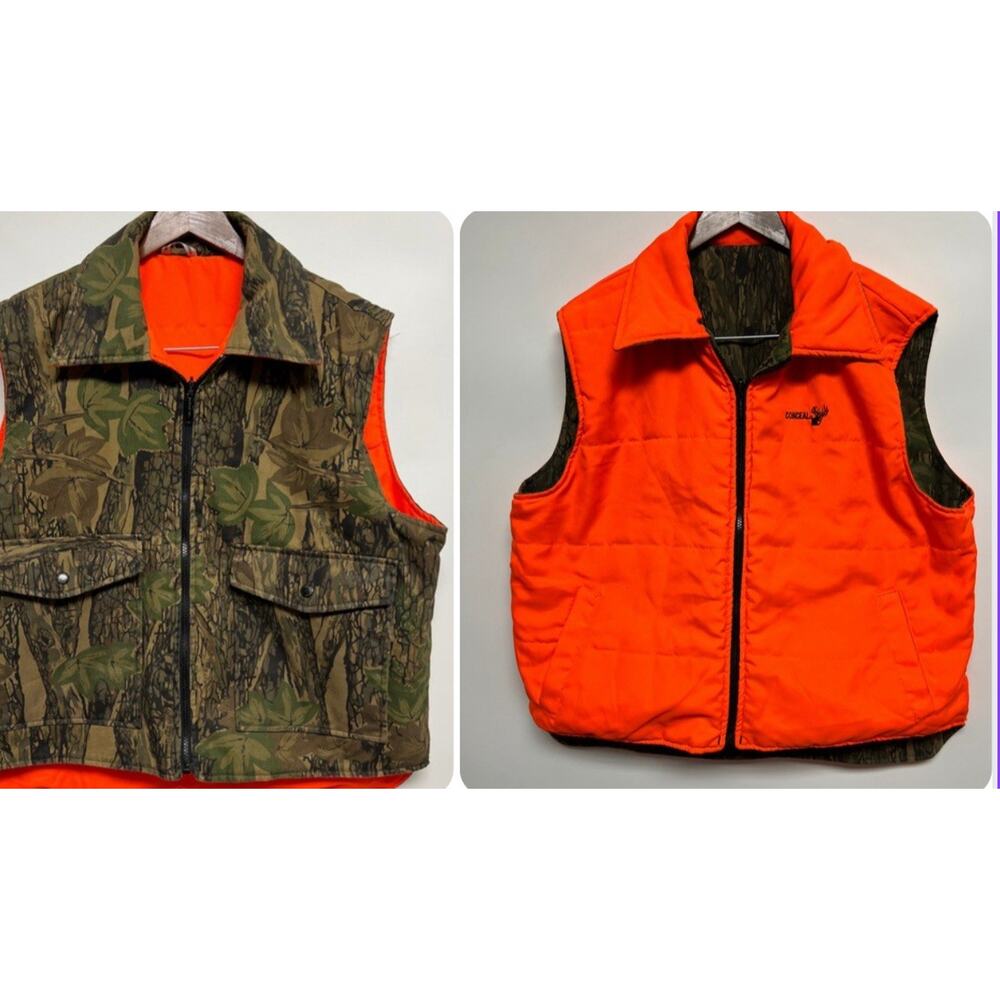 Vintage‎ Reversible Camo Blaze Orange Vest Mens Large Tree Bark Hunting